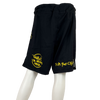 back view of protect ya neck mma on back left leg and for the children on back right leg black and yellow loose fit mma shorts for grappling