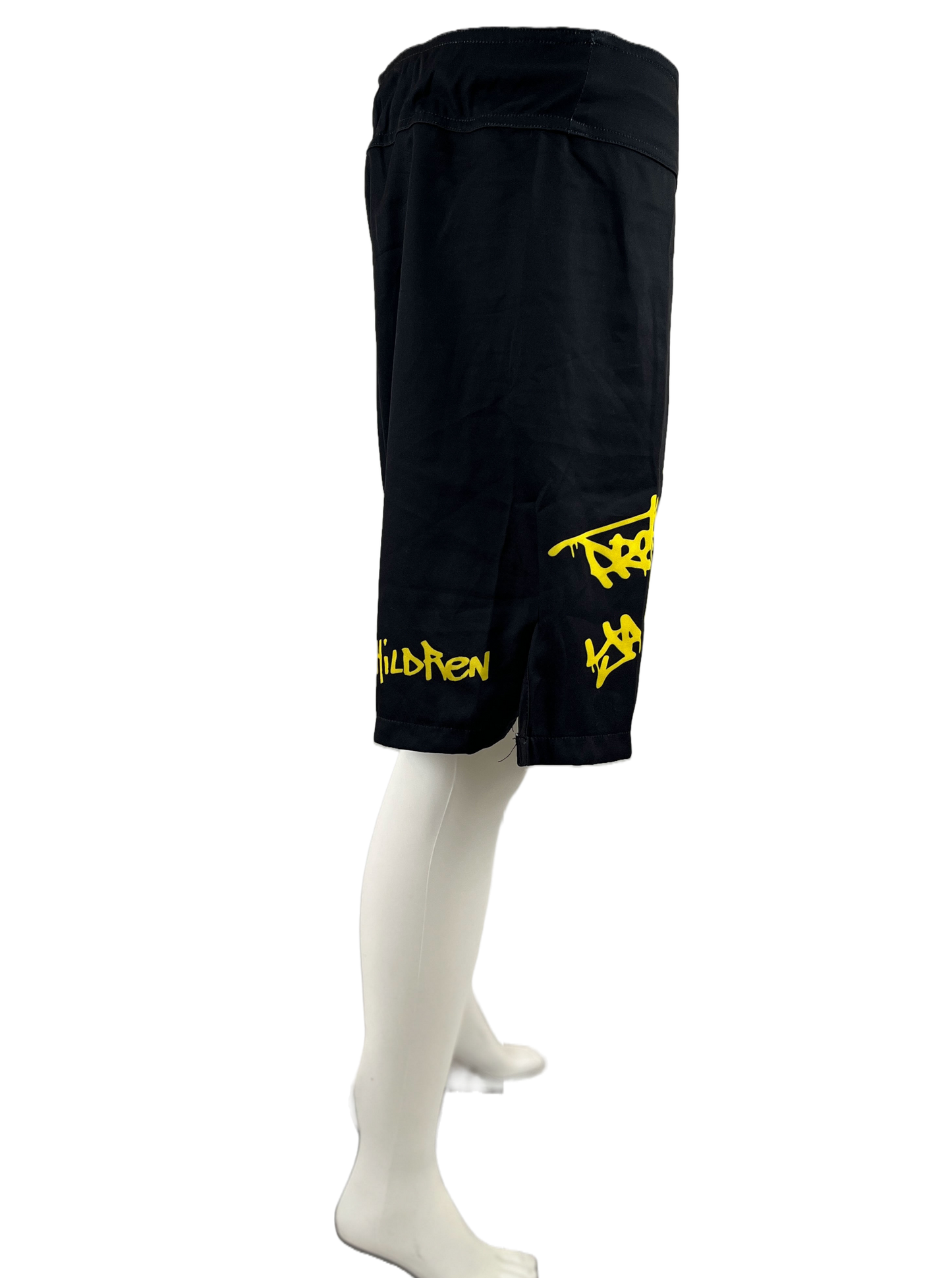 black and yellow loose fit mma shorts for grappling killa bees worldwide protect ya neck front right leg for the children back left right side profile