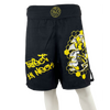 black and yellow loose fit mma shorts for grappling killa bees worldwide protect ya neck right leg killa bee ripping through honeycomb left leg