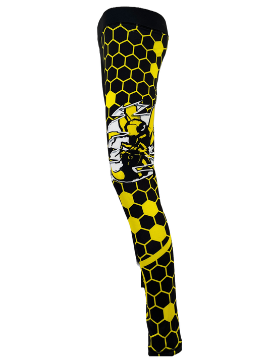 left leg side view black and yellow spats honeycomb left leg killa bees worldwide protect ya neck